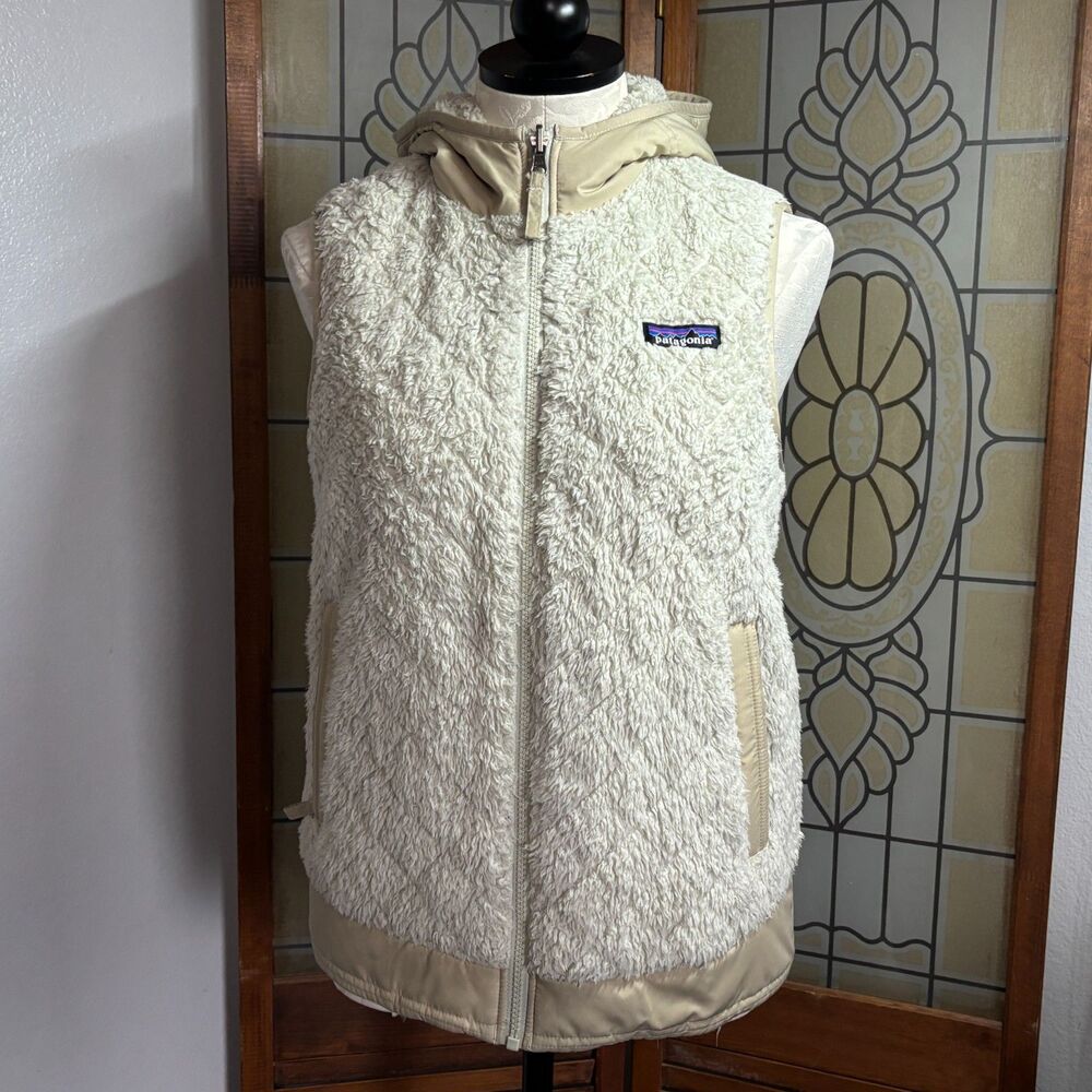 Patagonia Women's Vest Los Gatos Ivory Beige Tan Reversible Hooded Sherpa Size S - Picture 3 of 14